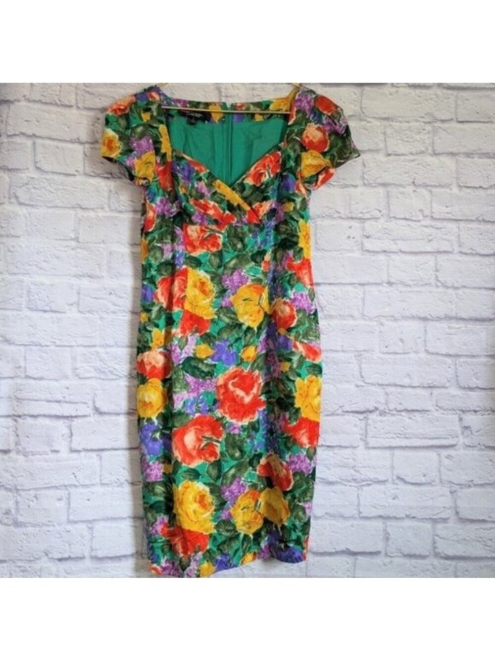 Vintage Emanuel Ungaro Floral Silk Dress S Green Yellow Tropical Wiggle 80s 90s